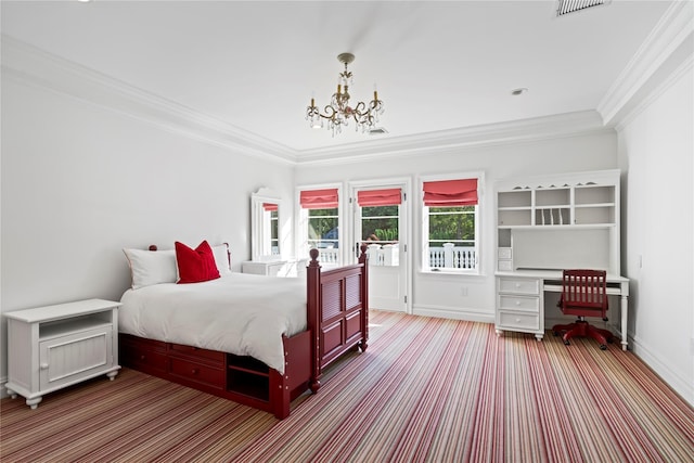 bedroom with carpet floors, an inviting chandelier, and ornamental molding