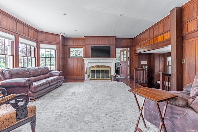 living room with wood walls