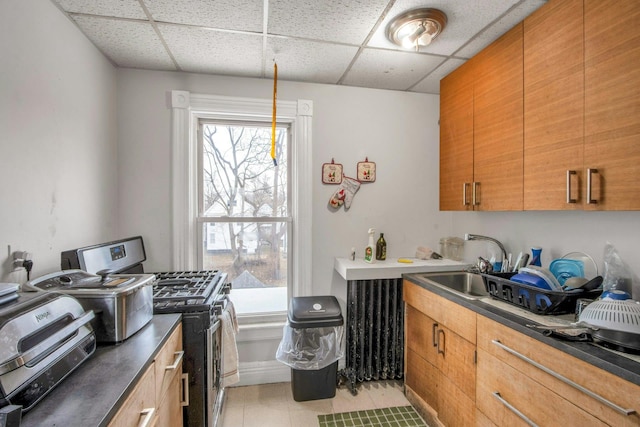 kitchen with stainless steel gas stove, a drop ceiling, and sink