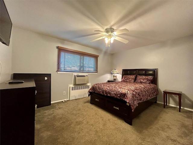 carpeted bedroom featuring ceiling fan and radiator