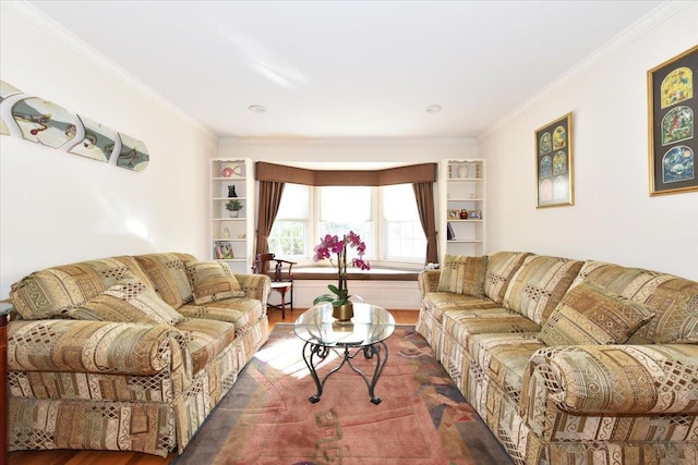 living room featuring ornamental molding and dark hardwood / wood-style flooring