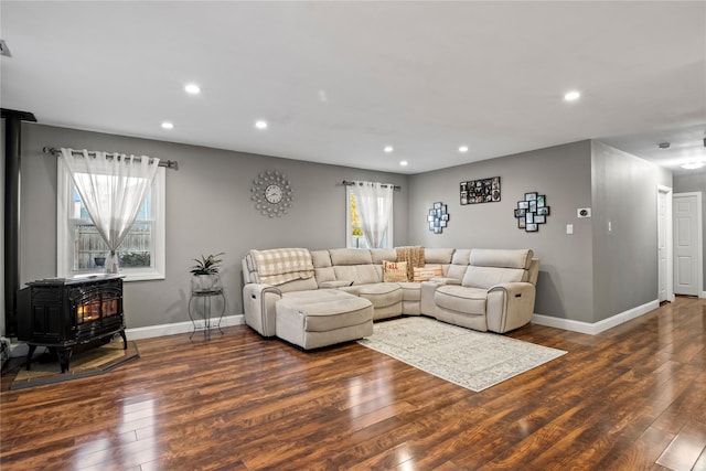 living room featuring dark wood-type flooring and a wood stove