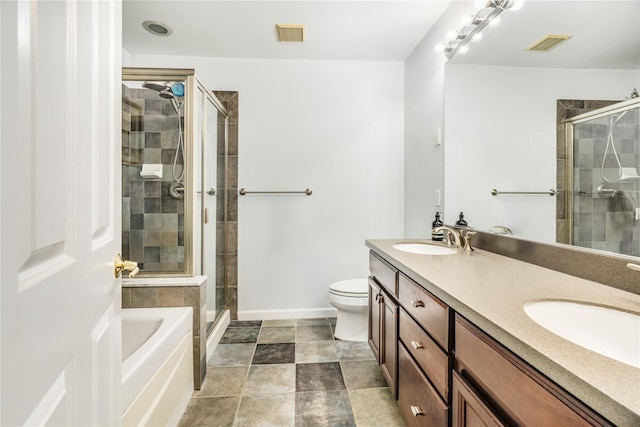 full bathroom with toilet, vanity, and plus walk in shower