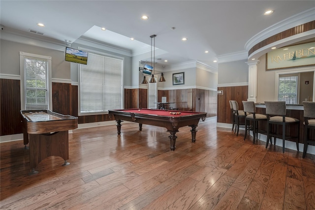 playroom featuring light wood-type flooring, ornamental molding, billiards, and ornate columns