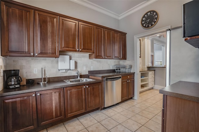 kitchen featuring sink, light tile patterned floors, stainless steel dishwasher, decorative backsplash, and crown molding