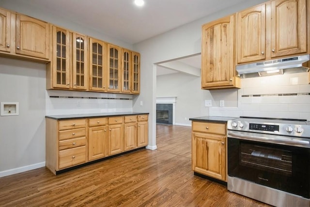 kitchen featuring decorative backsplash, stainless steel electric range oven, light brown cabinetry, and dark hardwood / wood-style floors