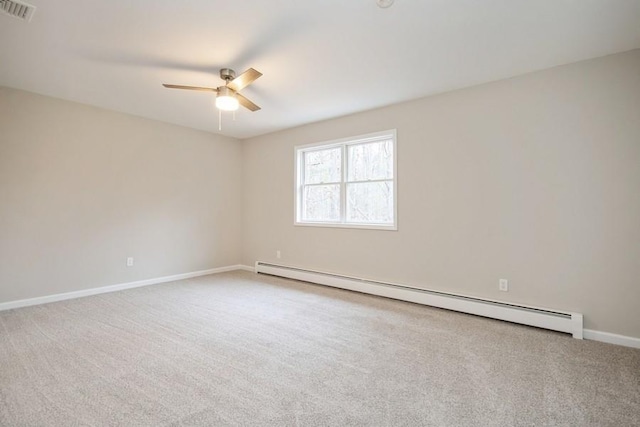 carpeted spare room with ceiling fan and baseboard heating