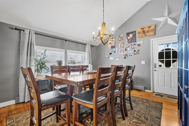 dining space with lofted ceiling, hardwood / wood-style floors, and a notable chandelier