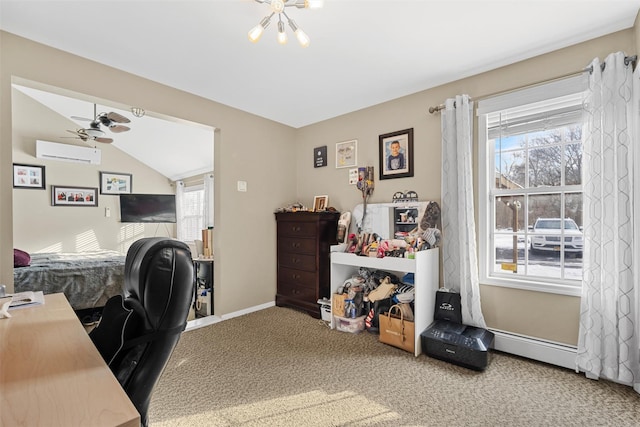 office with carpet floors, an AC wall unit, ceiling fan, and plenty of natural light