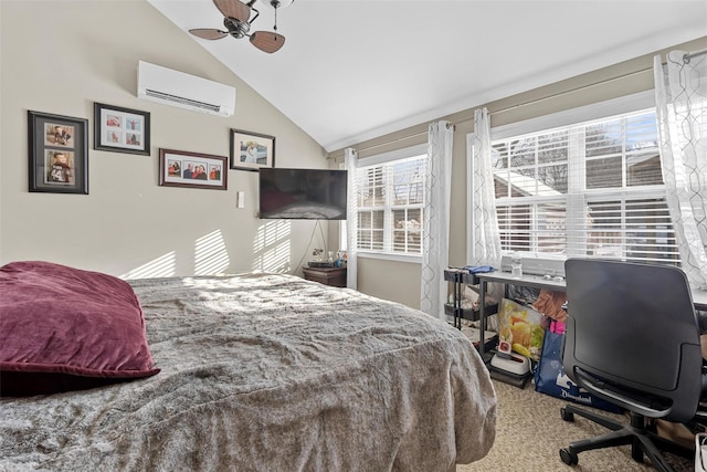 bedroom featuring lofted ceiling, carpet floors, and a wall mounted air conditioner