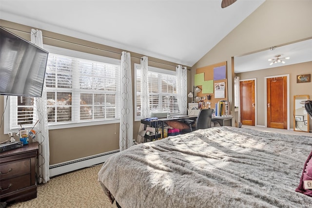 bedroom with light carpet, a baseboard heating unit, vaulted ceiling, and ceiling fan