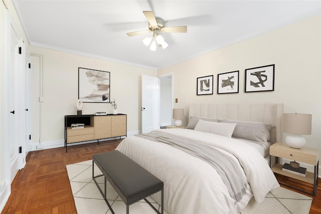 bedroom with ceiling fan, ornamental molding, and parquet floors