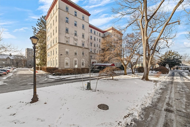 view of snow covered building