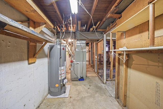 basement with heating unit and water heater