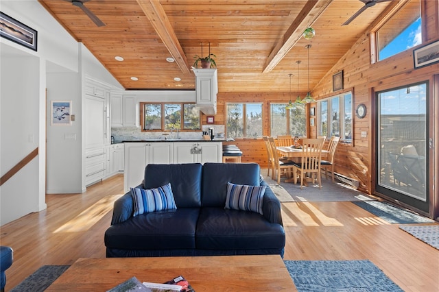 living room featuring plenty of natural light, wooden ceiling, and beam ceiling