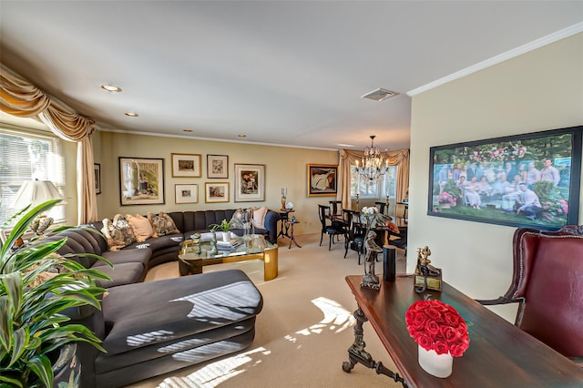 living room with ornamental molding, carpet, and a notable chandelier