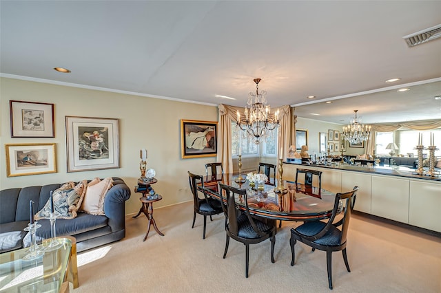 carpeted dining area with crown molding and a notable chandelier