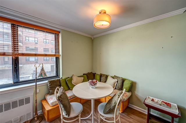 dining space featuring breakfast area, radiator, crown molding, and plenty of natural light