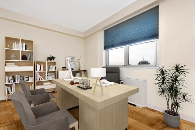 home office with light parquet flooring