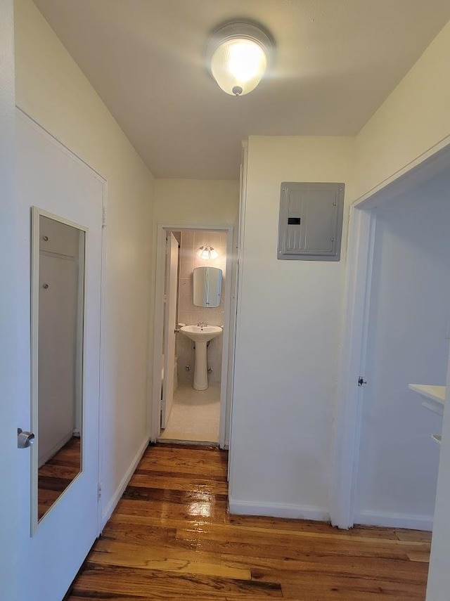 hall featuring dark hardwood / wood-style floors, sink, and electric panel