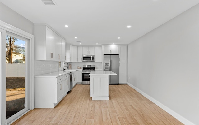 kitchen featuring white cabinets, a center island, light wood-type flooring, and stainless steel appliances