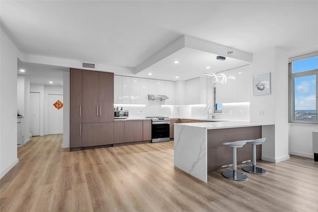 kitchen with decorative light fixtures, sink, appliances with stainless steel finishes, white cabinets, and dark brown cabinets