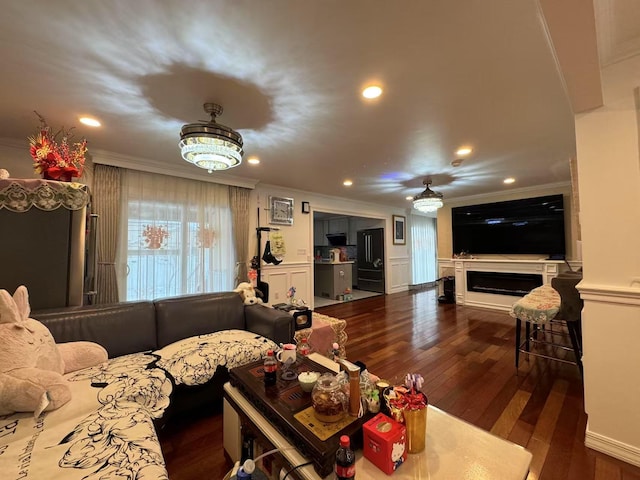 living room with a fireplace, crown molding, and dark hardwood / wood-style floors