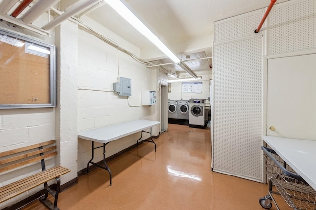 laundry area with electric panel and independent washer and dryer