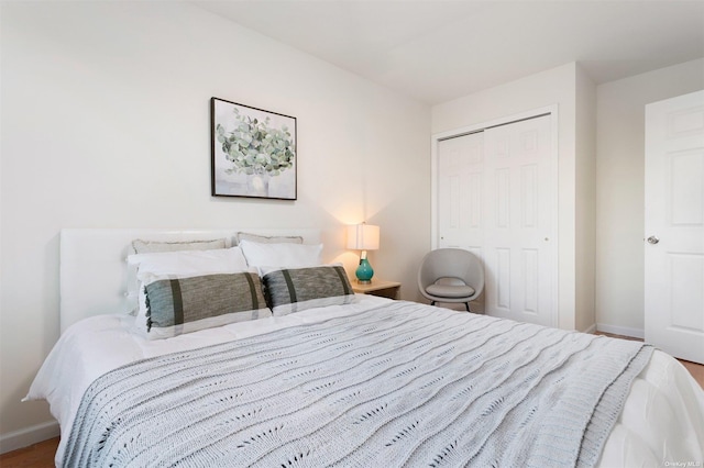 bedroom with wood-type flooring and a closet