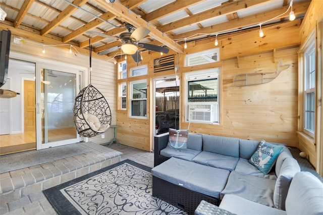 interior space featuring ceiling fan, cooling unit, and rail lighting