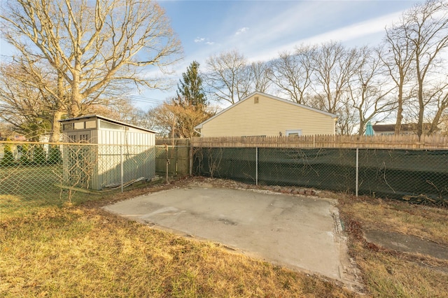 view of yard featuring a patio and a storage unit