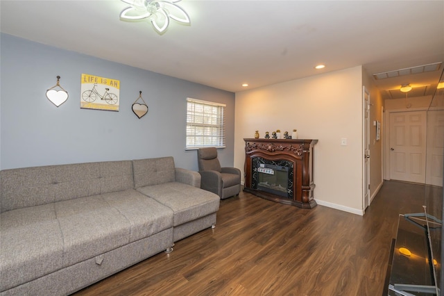 living room featuring dark wood-type flooring