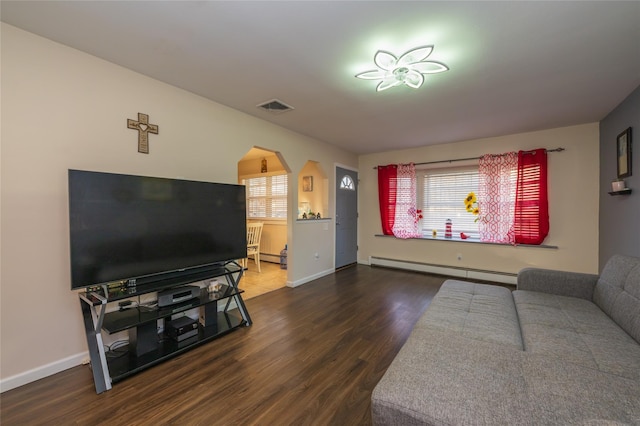 living room with baseboard heating and dark wood-type flooring