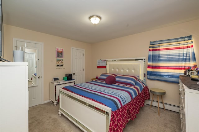 bedroom featuring light colored carpet and a baseboard radiator