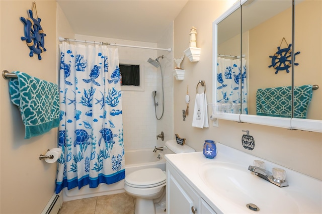 full bathroom featuring vanity, a baseboard heating unit, tile patterned floors, shower / bath combination with curtain, and toilet