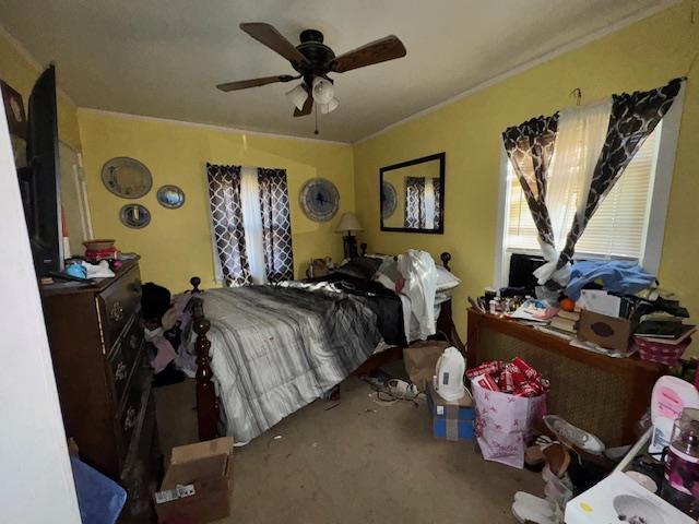 bedroom featuring ceiling fan and carpet