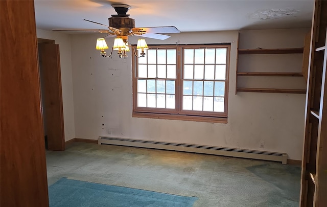 unfurnished room with baseboard heating, ceiling fan, and carpet floors