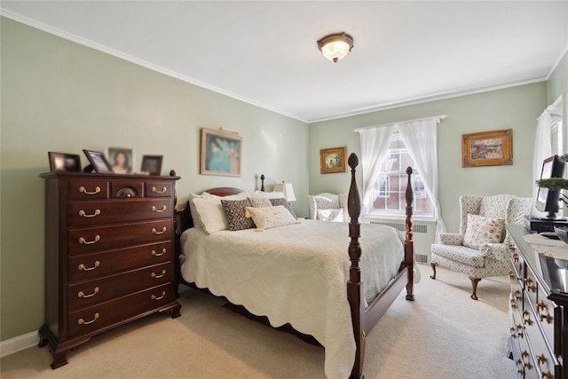 bedroom featuring radiator, light colored carpet, crown molding, and baseboards