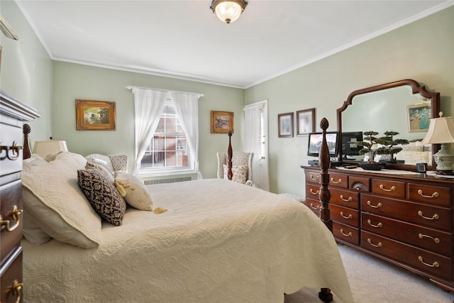 bedroom featuring light carpet and ornamental molding