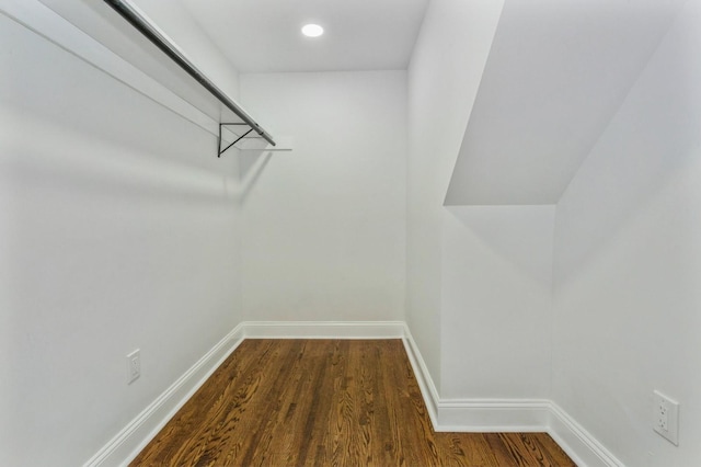 walk in closet with dark wood-type flooring