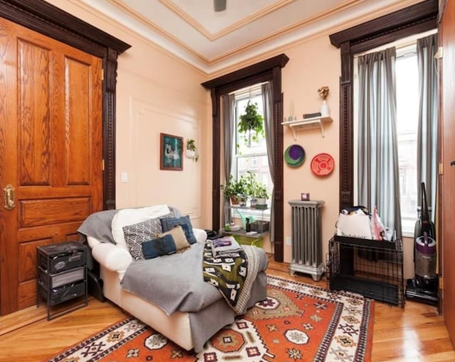 living area with light hardwood / wood-style flooring, radiator, and ornamental molding