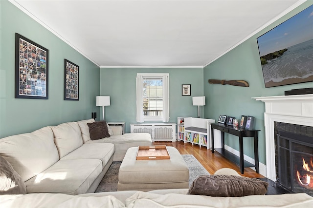 living room with hardwood / wood-style floors, radiator, and crown molding