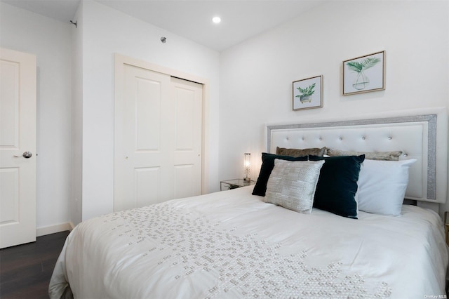 bedroom featuring a closet and dark wood-type flooring