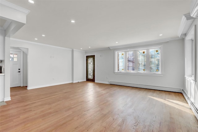 unfurnished living room featuring baseboard heating, light hardwood / wood-style flooring, and ornamental molding