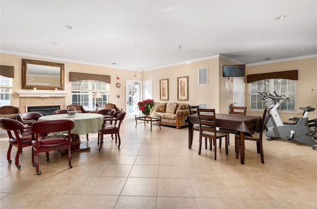 tiled dining room with crown molding