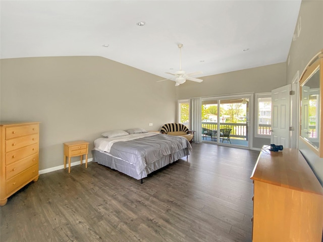 bedroom featuring ceiling fan, dark hardwood / wood-style floors, access to exterior, and vaulted ceiling