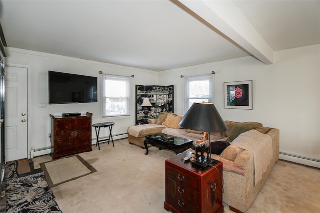 living room featuring beam ceiling, light colored carpet, and baseboard heating