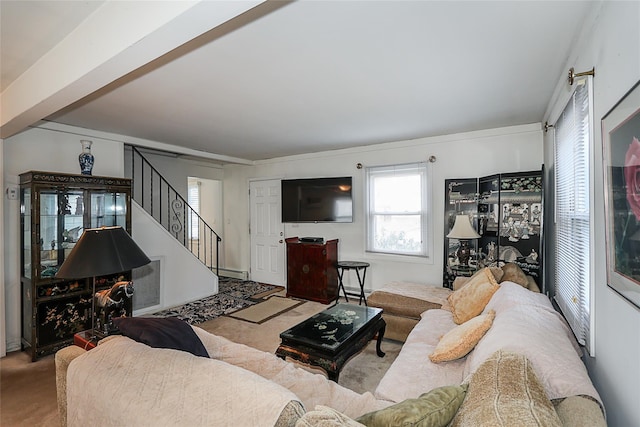 living room with carpet flooring and baseboard heating