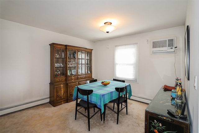 carpeted dining area with an AC wall unit and a baseboard radiator