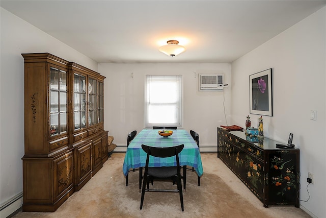 dining room featuring baseboard heating, light carpet, and a wall mounted AC